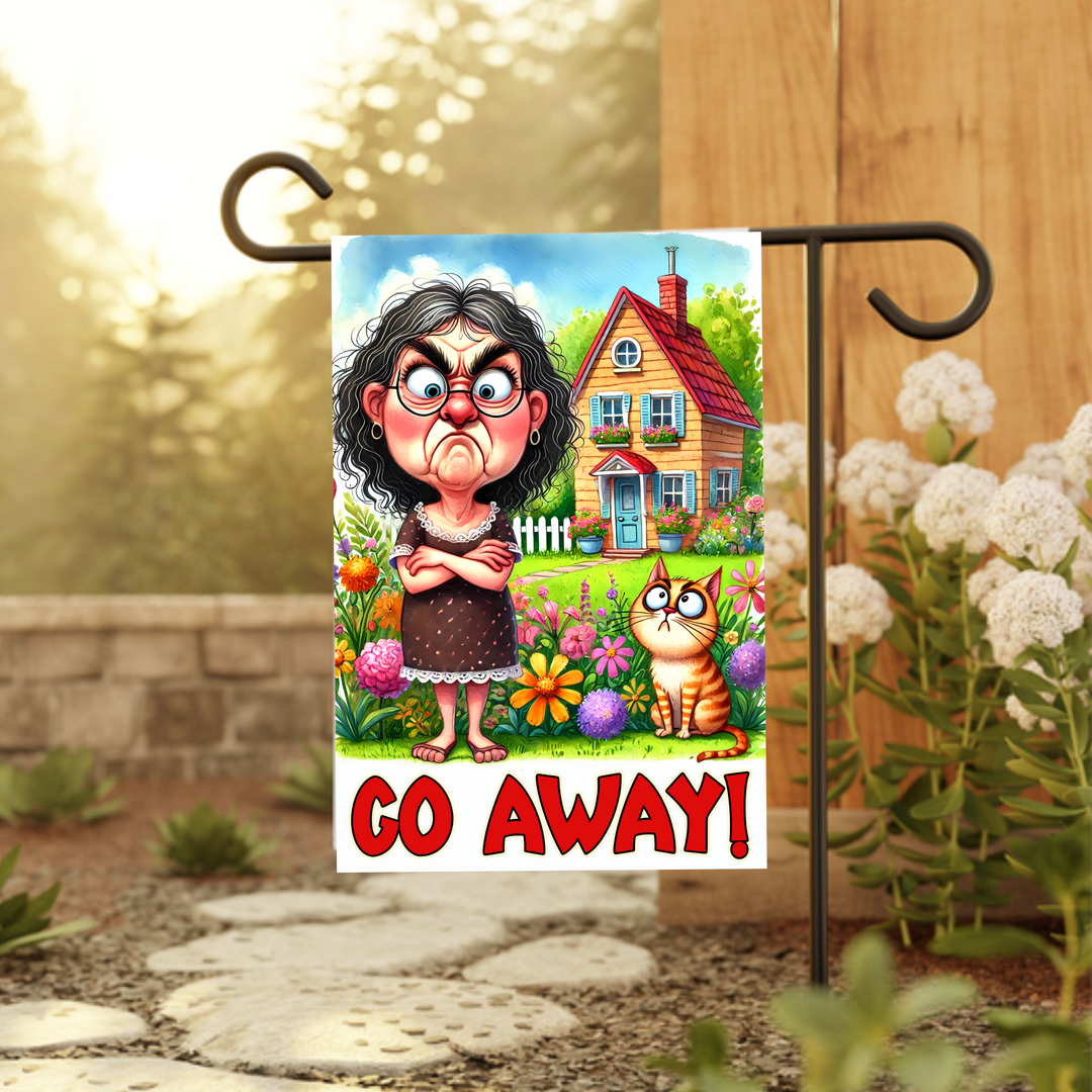 Funny Garden Flag with Grumpy Woman & Cat Art