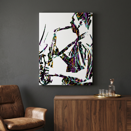 Abstract saxophonist canvas in a home jazz bar