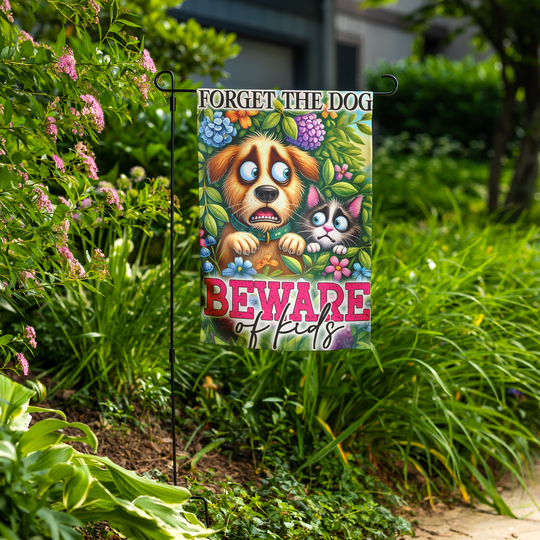 Funny Garden Flag - Forget the Dog, Beware of Kids Humorous Decor
