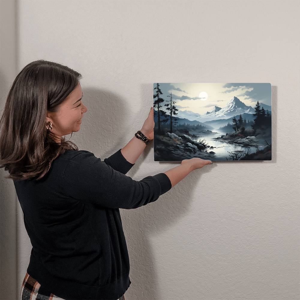 high gloss metal print featuring a mountain scene