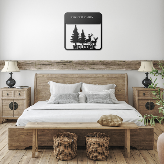 Metal Signs personalized Welcome sign featuring deer & pine trees Wall Art AnywherePOD Black 12 Inch