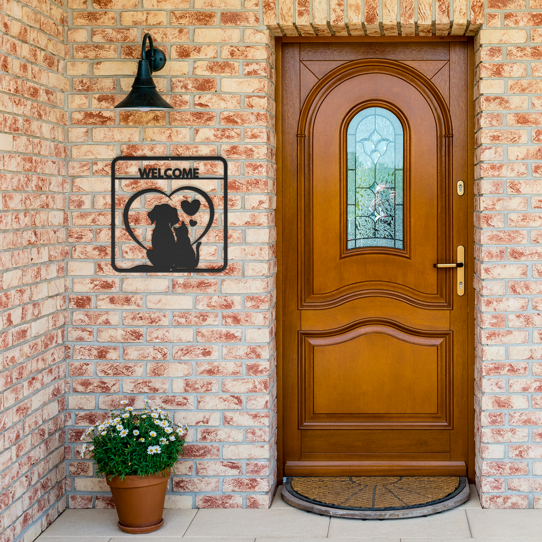 Die-Cut Metal Signs featuring an image of dog and cat