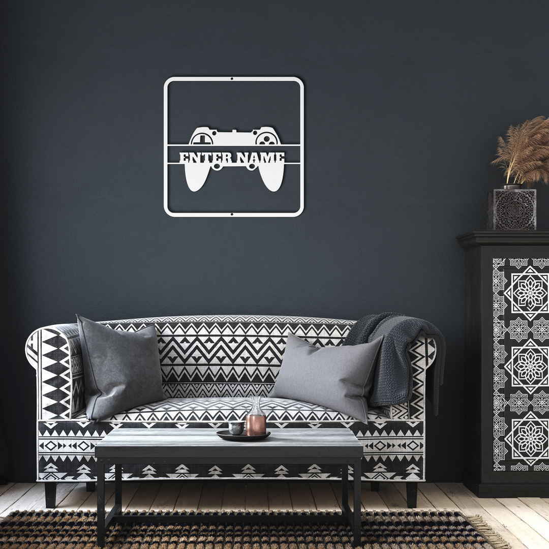 Die-Cut Metal Signs custom text with image of game controler