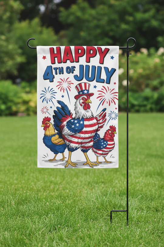 Funny 4th of July Garden Flag featuring chickens