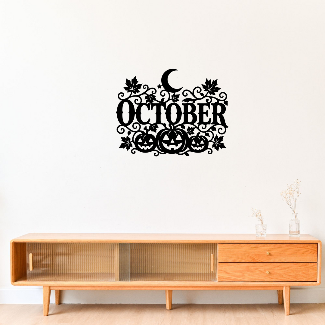 October Halloween Metal Sign with Pumpkins and Moon