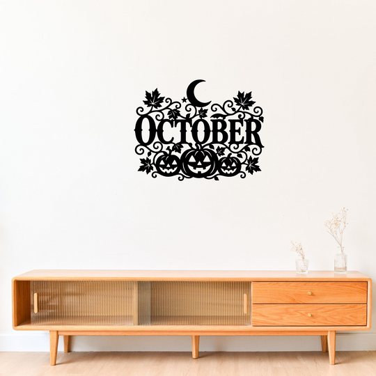 October Halloween Metal Sign with Pumpkins and Moon