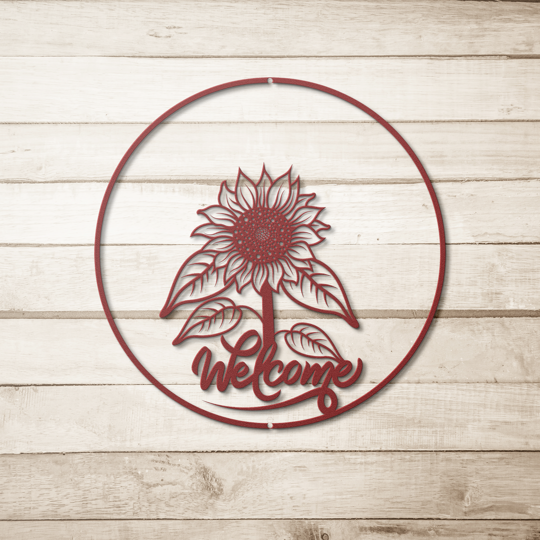 Die-Cut Metal Signs featuring a sunflower and a welcome