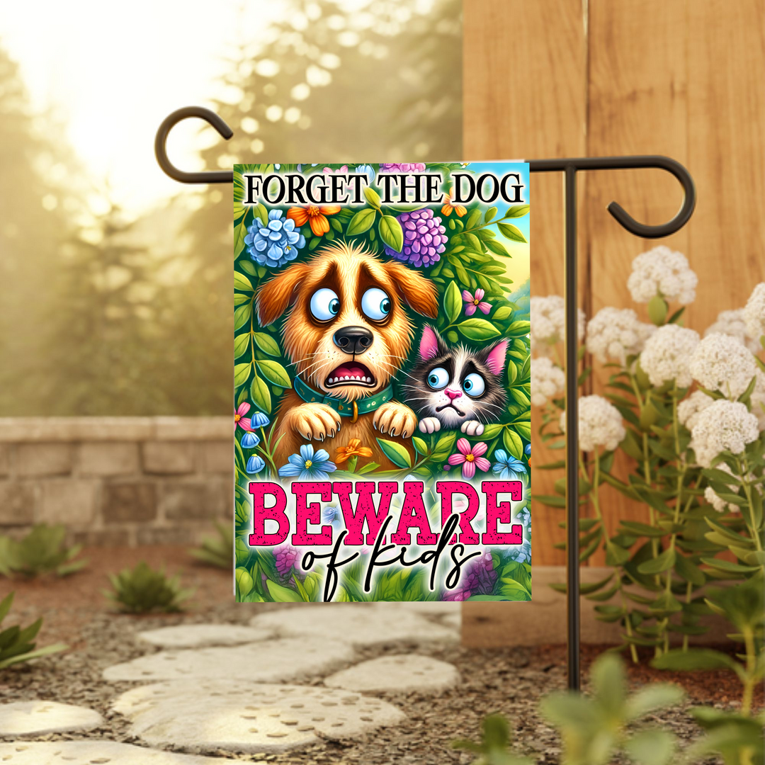 Funny Garden Flag - Forget the Dog, Beware of Kids Humorous Decor
