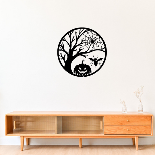Halloween Tree Metal Sign with Pumpkin, Spider and Web