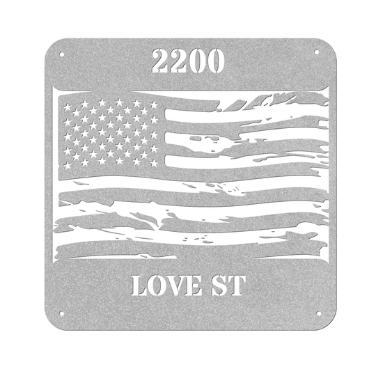 Die-Cut Metal Signs Custom address with tattered flag image