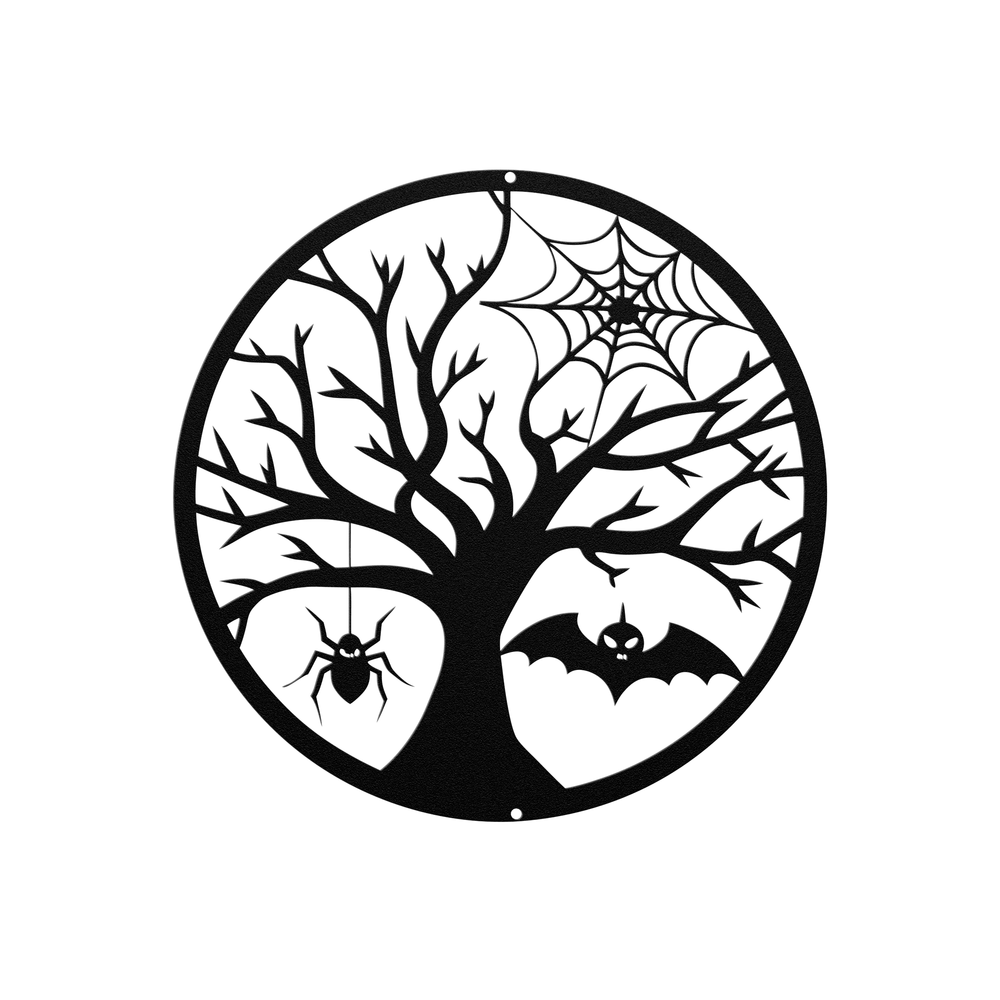 Die-Cut Metal Signs Halloween art with spooky tree and spiders and bat image