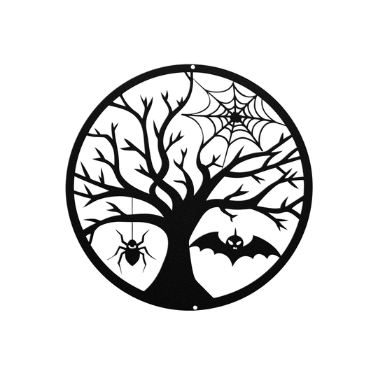 Die-Cut Metal Signs Halloween art with spooky tree and spiders and bat image