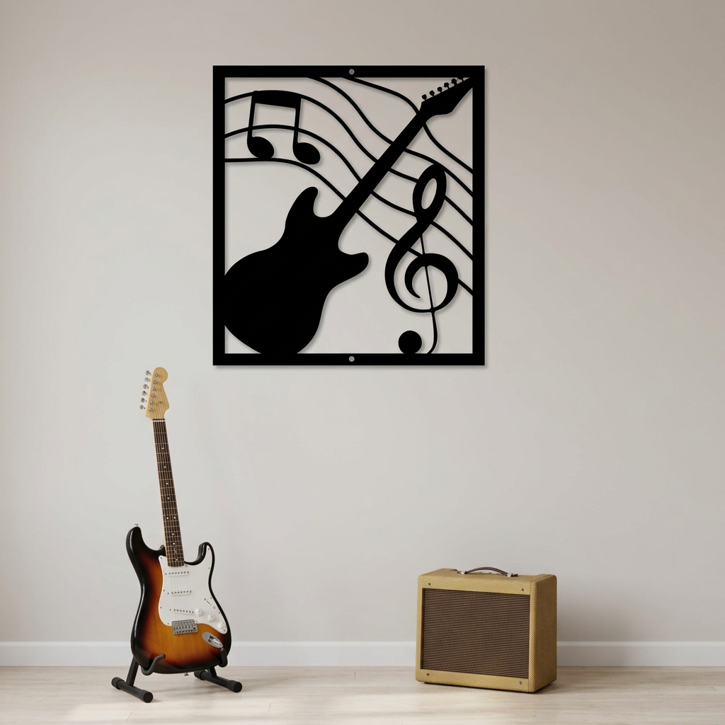 Black guitar metal wall art in a home guitar practice room
