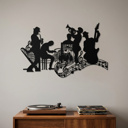 Black jazz band metal wall art in a home music-listening room