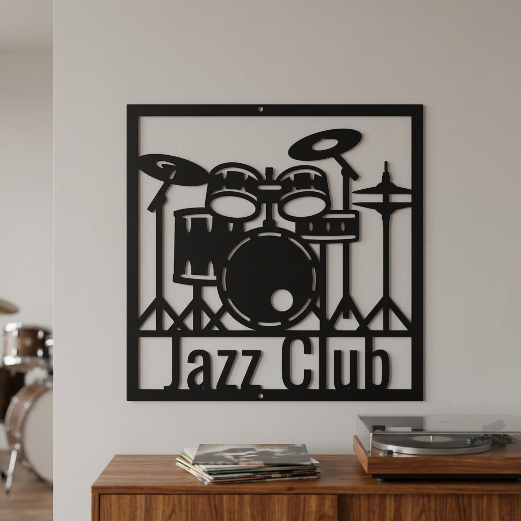 Black Jazz Club drum-kit metal sign in a home music room