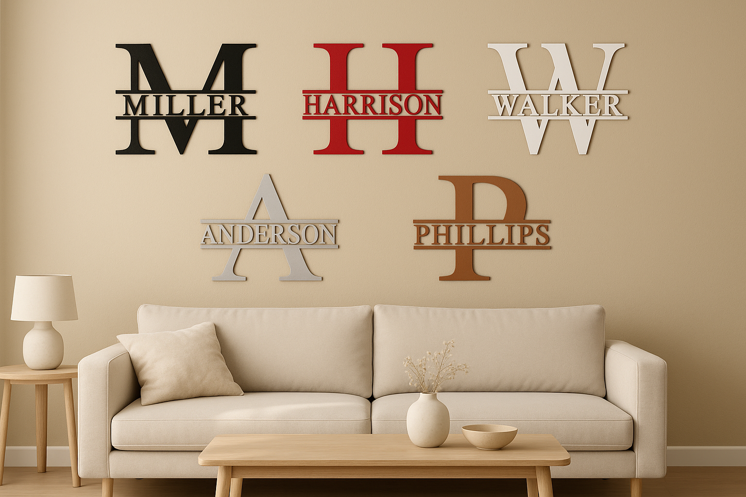 black ,red,white silver,copper,laser cut monogram intials with a last name in each one in split design on minimalist tan living roo backdrop