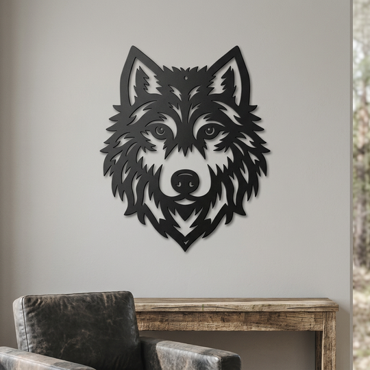 Black wolf face metal wall art in a cabin den