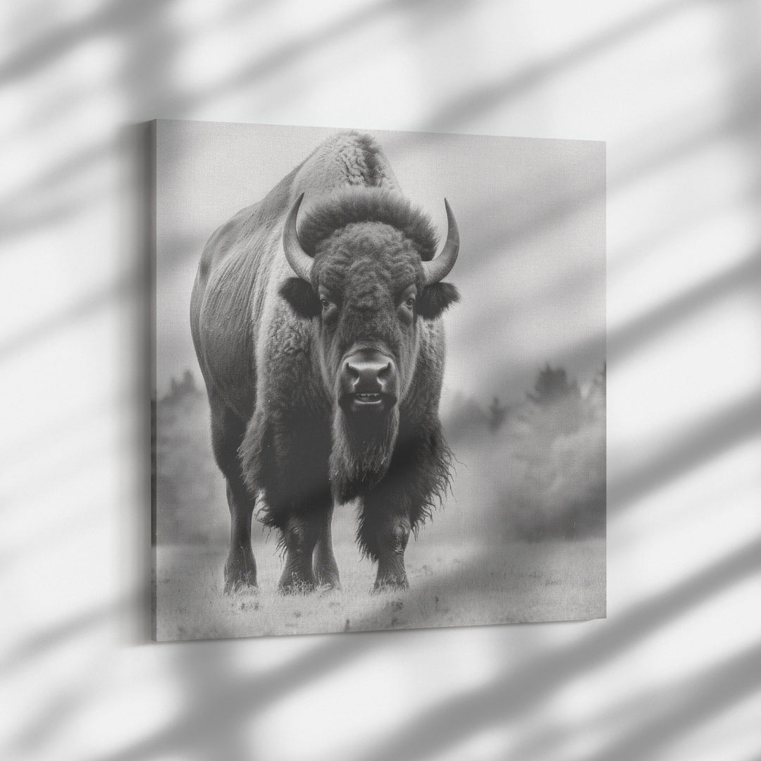 black and white square canvas, featureing bison