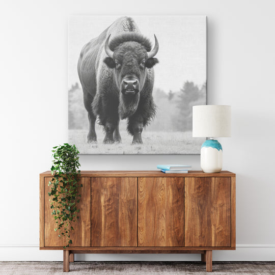 black and white square canvas, featureing bison