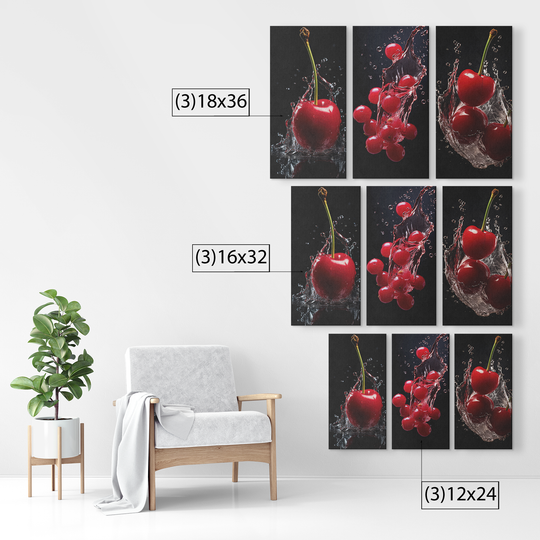 3 Piece Canvas cherries in water splash Canvas AnywherePOD