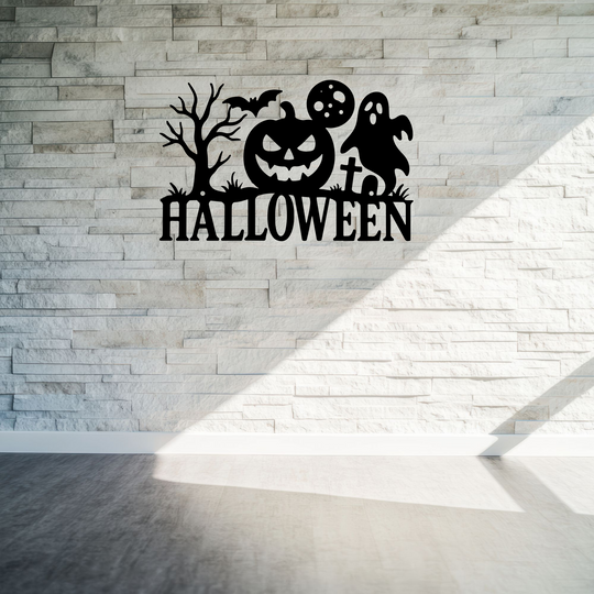 Halloween Metal Sign with Pumpkin, Ghost, Bat and Tree