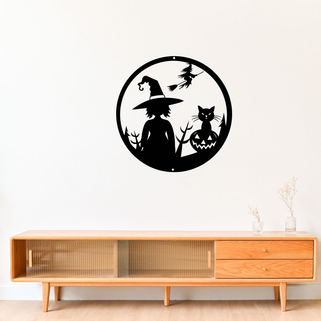 Halloween Witch and Cat Metal Wall Art Sign