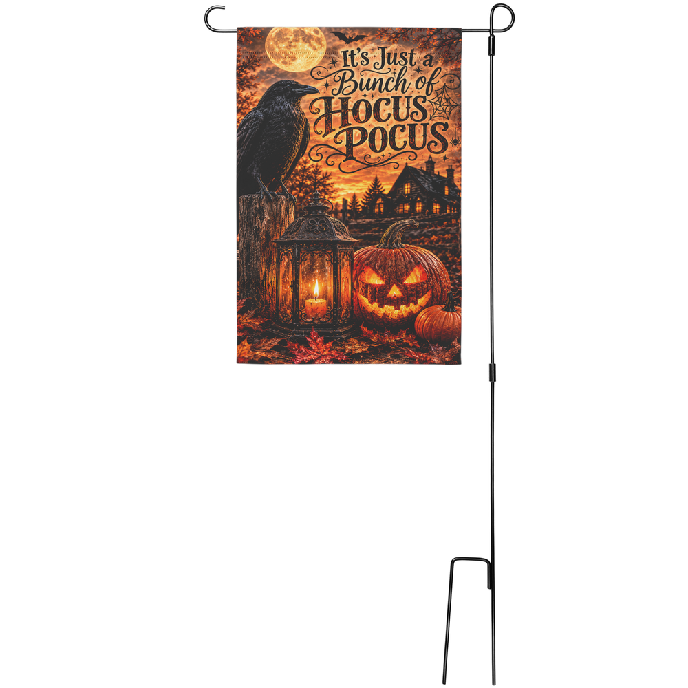 Hocus Pocus Halloween Garden Flag with Raven and Pumpkin