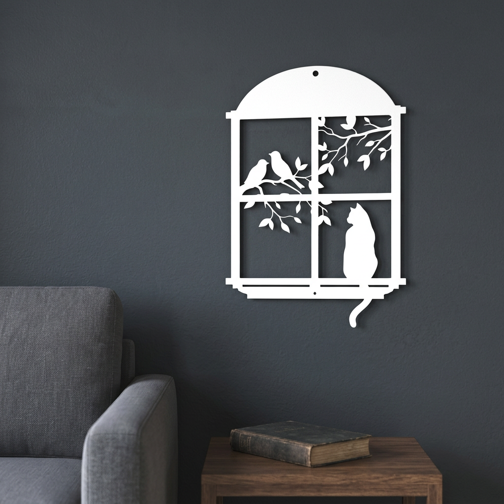 Cat sitting in window sign in a quiet reading nook