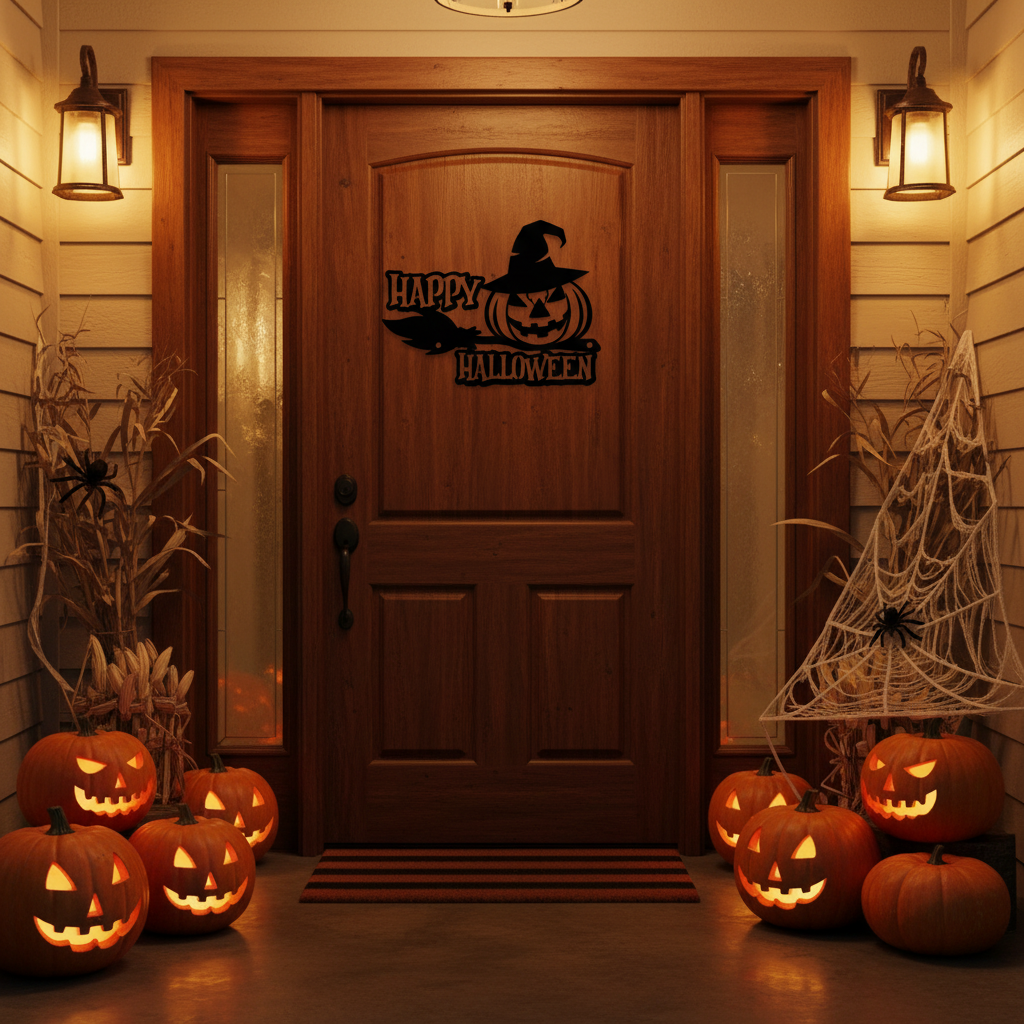 Happy Halloween Metal Sign with Witch Hat, Pumpkin and Cat
