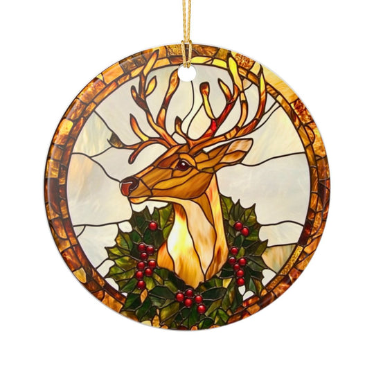 Stained Glass Reindeer Ornament - Holiday Ceramic Decor