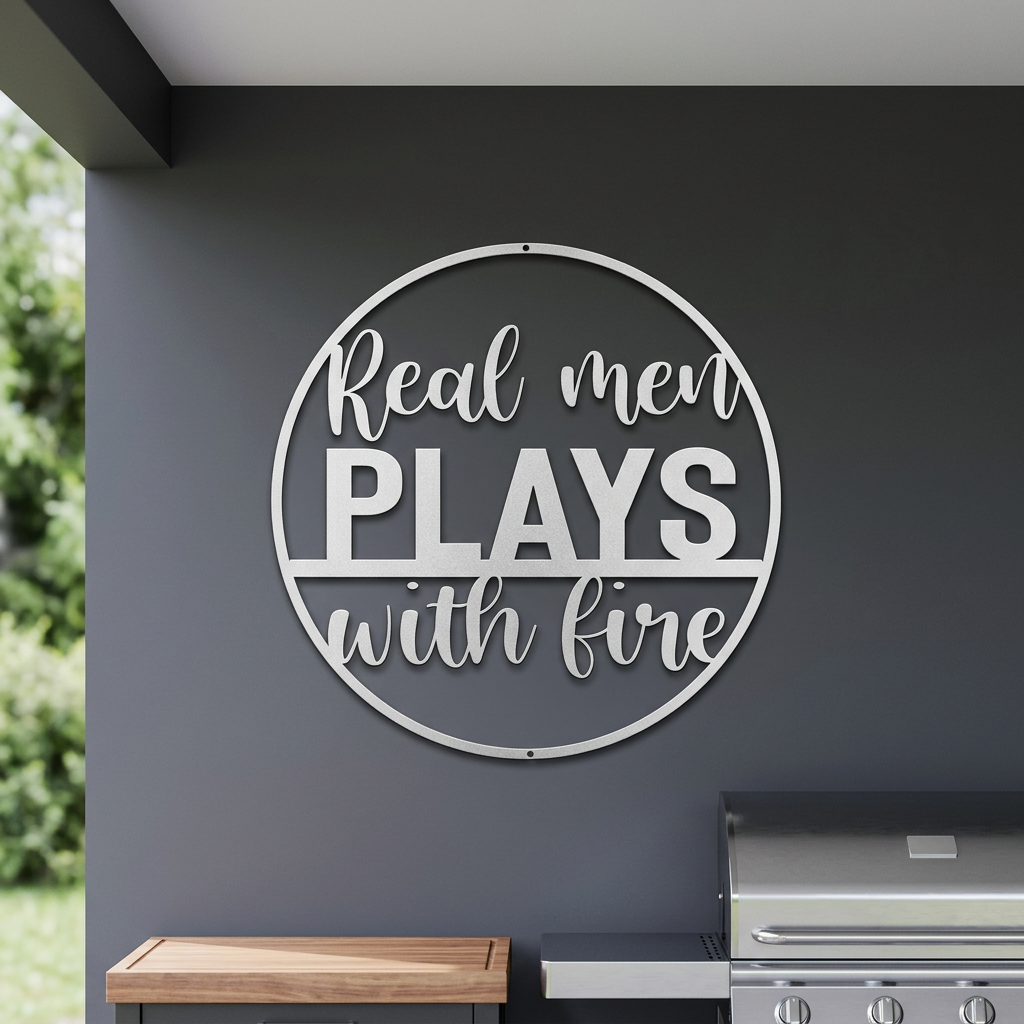 Circular silver BBQ sign in an outdoor patio setting
