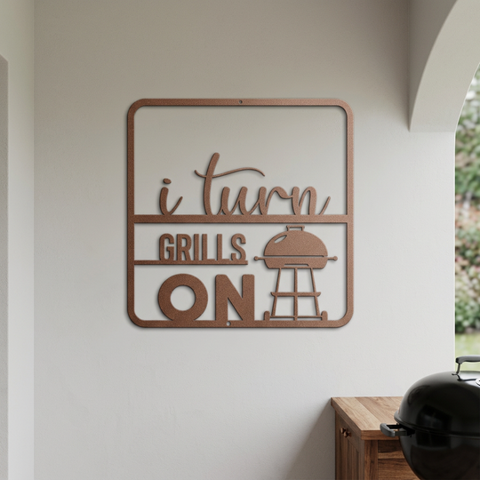 Copper grilling sign in a covered outdoor BBQ setting
