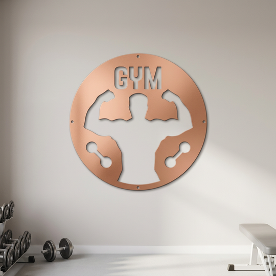 Copper round GYM metal sign in a home workout space