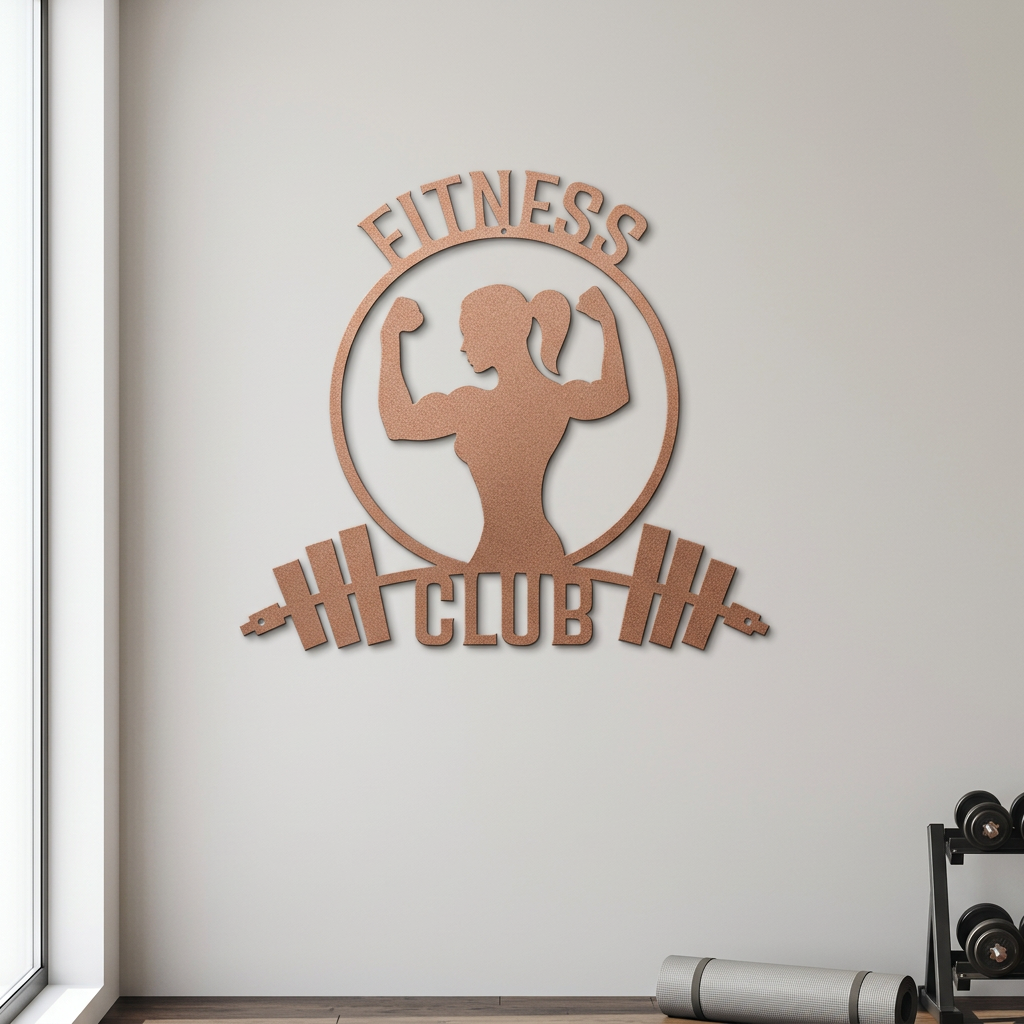 Copper women's Fitness Club metal sign in a home gym