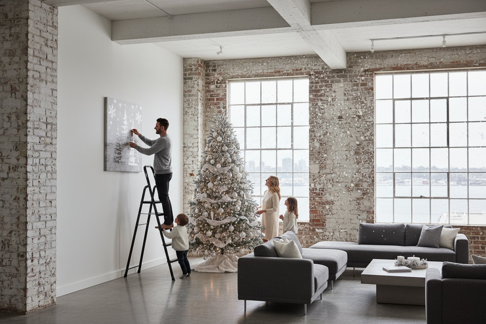 create new york style lofft keep the colors gray and white make a winter christmas theme witha water view and family around the tree watching dad hang one of my christmas canvas holiday products