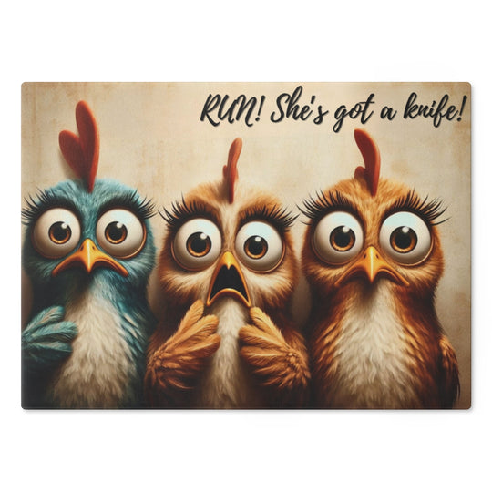 Funny Glass Cutting Board - Cartoon Chickens Design