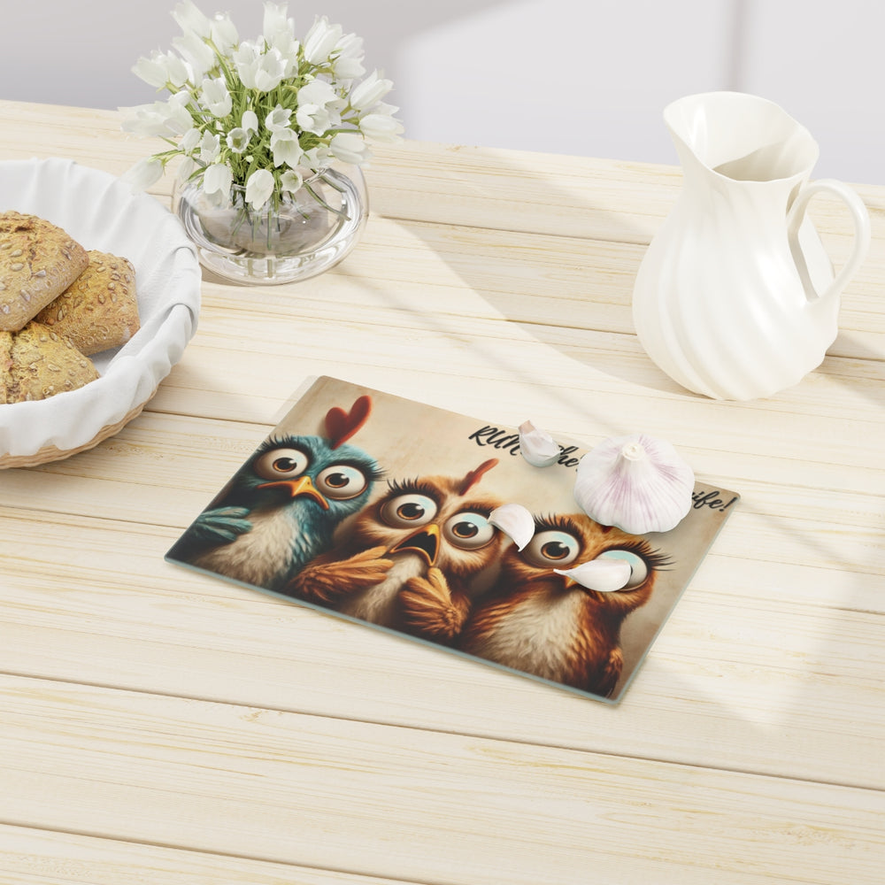 Funny Glass Cutting Board - Cartoon Chickens Design