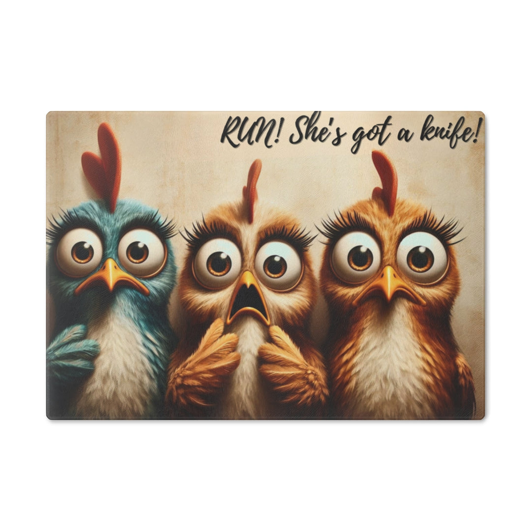 Funny Glass Cutting Board - Cartoon Chickens Design