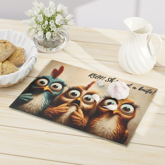 Funny Glass Cutting Board - Cartoon Chickens Design