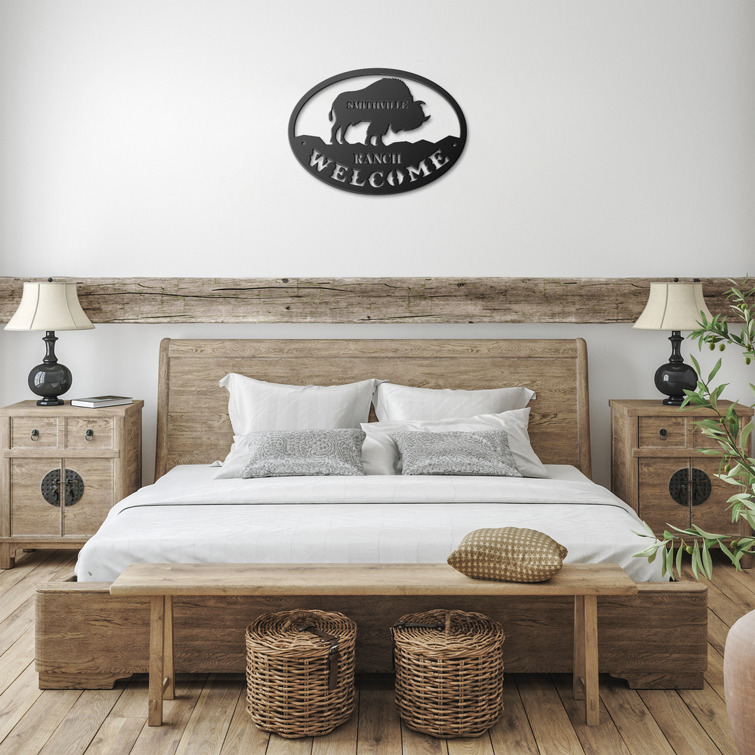 Metal Ranch, Farm Western Decor Metal Signs personalized welcome sign featuring a Bison Wall Art AnywherePOD