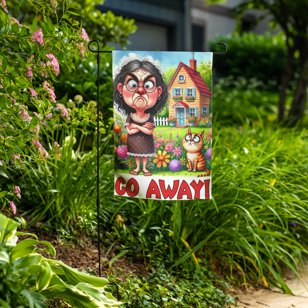 Funny Garden Flag with Grumpy Woman & Cat Art