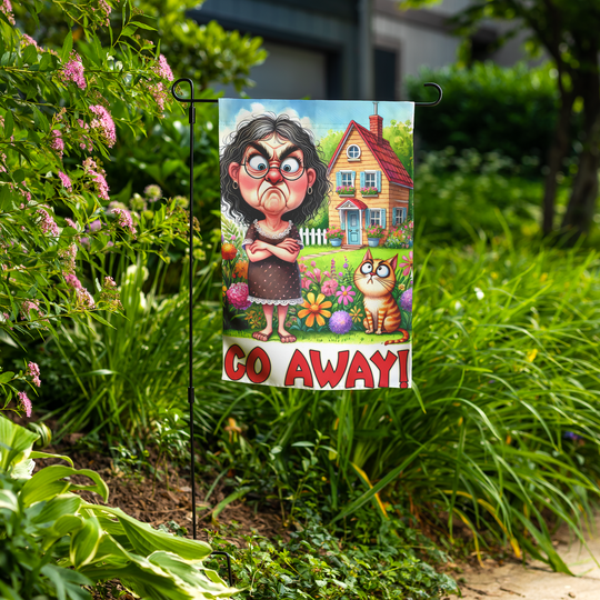 Funny Garden Flag with Grumpy Woman & Cat Art