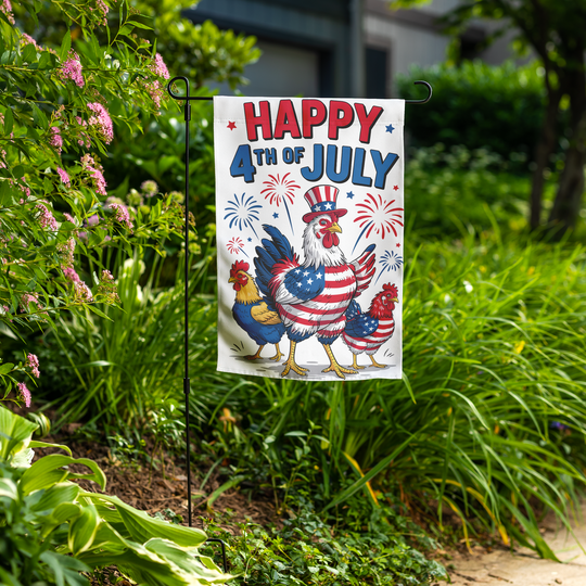 Funny 4th of July Garden Flag featuring chickens