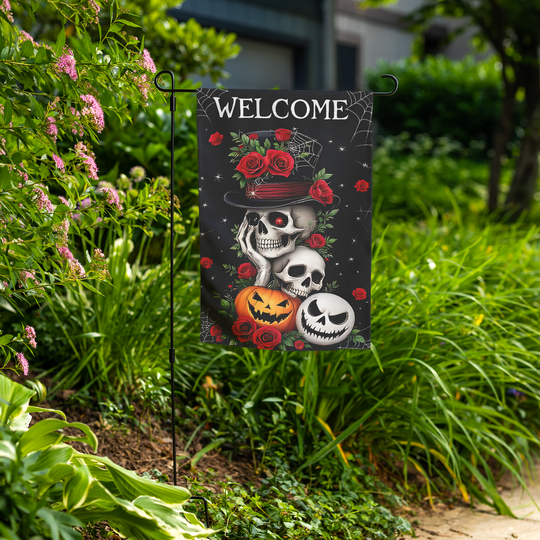 Gothic Halloween Skeleton Garden Flag with Roses and Pumpkin