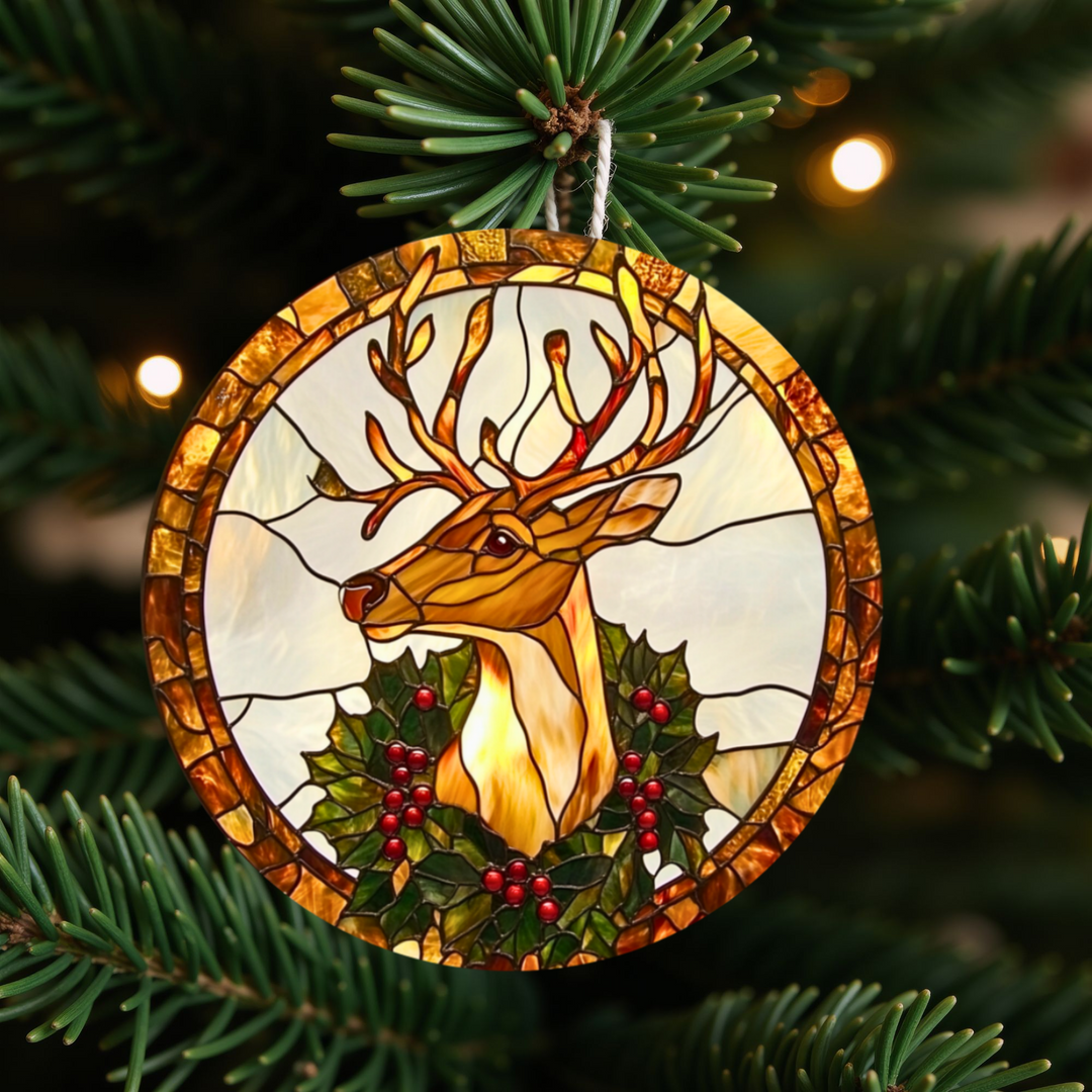 Stained Glass Reindeer Ornament - Holiday Ceramic Decor