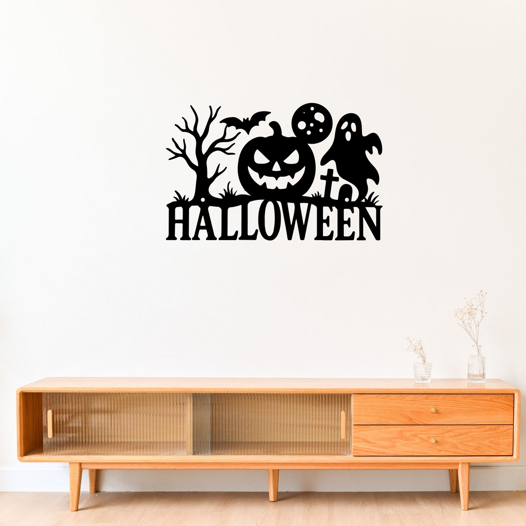 Halloween Metal Sign with Pumpkin, Ghost, Bat and Tree