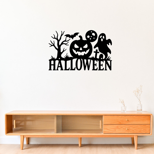 Halloween Metal Sign with Pumpkin, Ghost, Bat and Tree