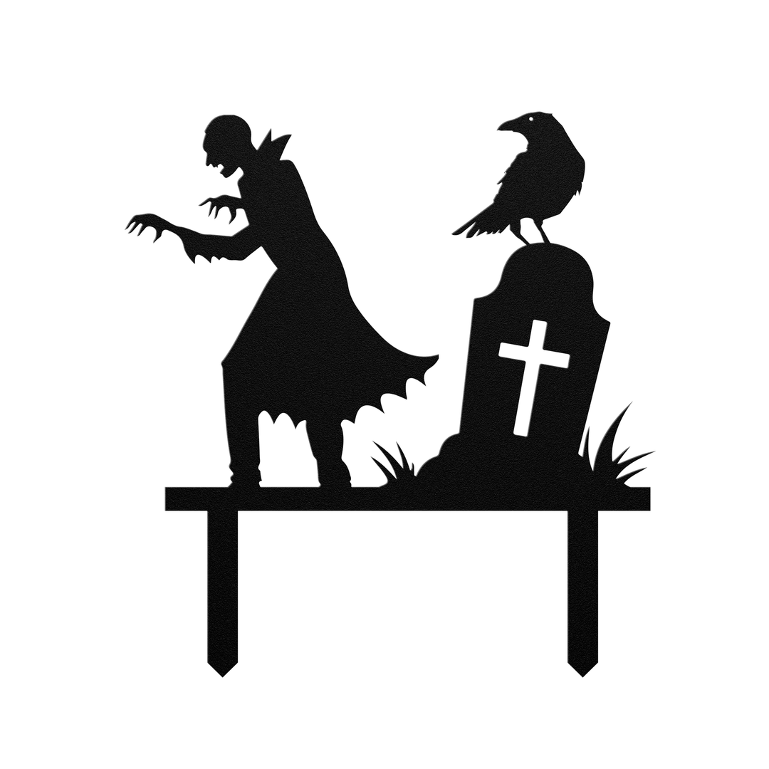 Halloween Zombie Graveyard Metal Sign with Raven Silhouette