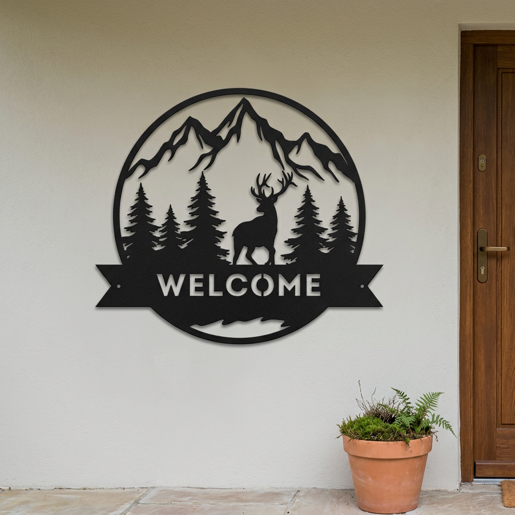 Deer Welcome sign on a simple woodland porch wall