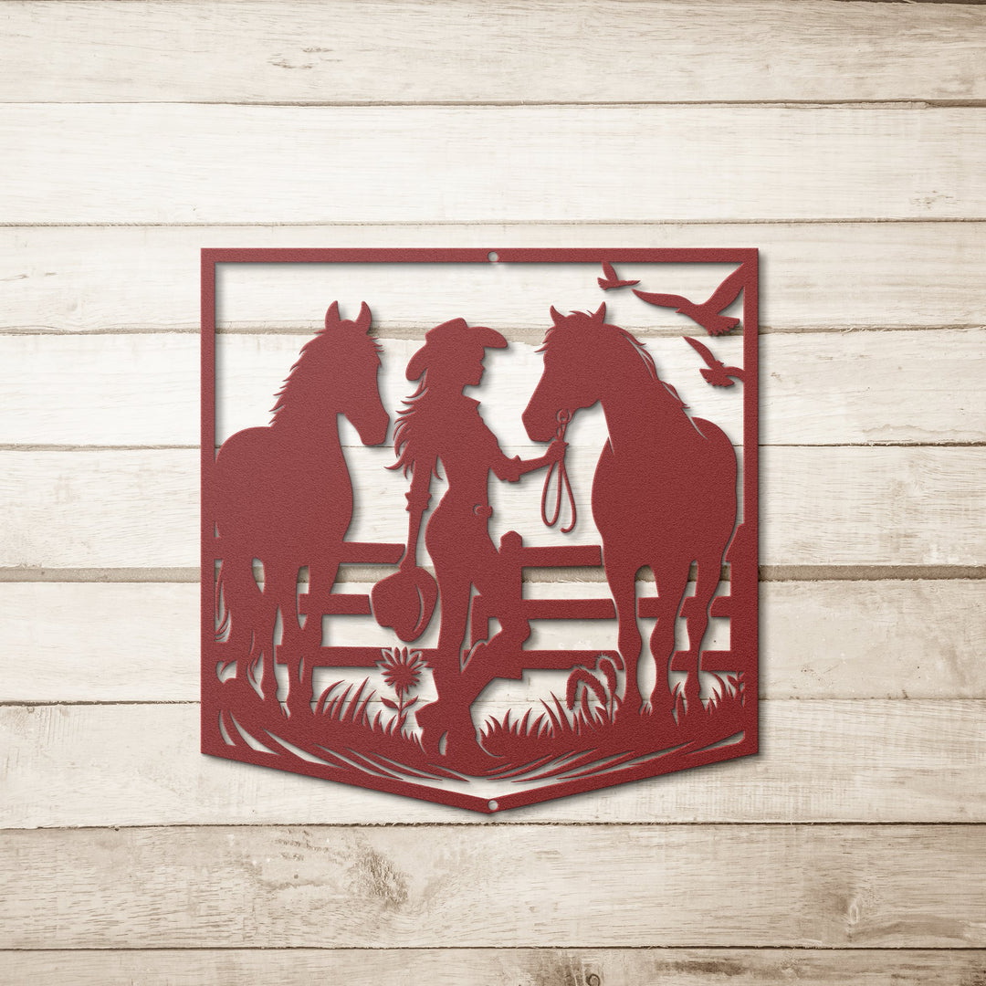 Die - Cut Metal Signs custom image of cowgirl with horses - Tailored Wall ExpressionsWall Artapod - 3336092